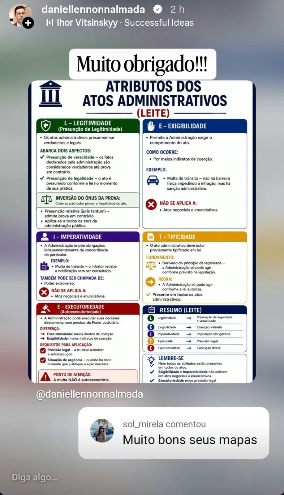 Comentário de seguidor no Instagram elogiando os mapas mentais do material